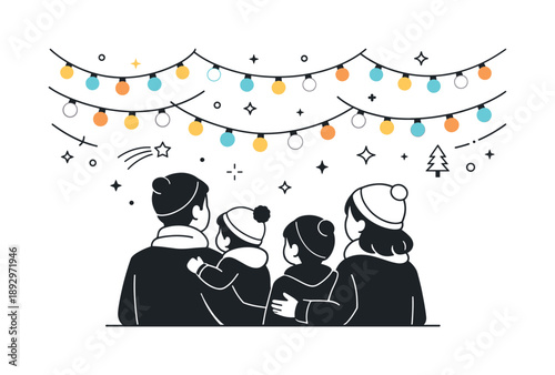 Family Holiday Lights. Family looking at holiday lights moment. Close scene with family silhouettes and softly glowing lights filling the space above. Wonder,