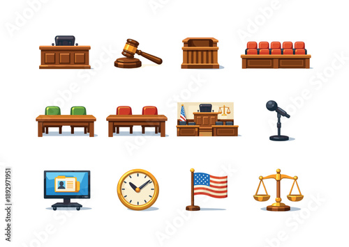 Courtroom Icons Set. Courtroom. Colorful flat vector icons set of Courtroom: judge bench, judge gavel, witness stand, jury seats, defense table, prosecution