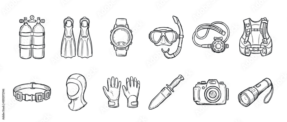 Fototapeta premium Scuba diving equipment and accessories set hand-drawn in a black and white line art style, including a mask, fins, tank, camera, and other gear for underwater adventure