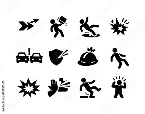 Near Miss Icons. Near Miss Events. Solid icon set of Near Miss Events: close call arrow, falling object dodge, slippery floor, accidental spark, traffic near