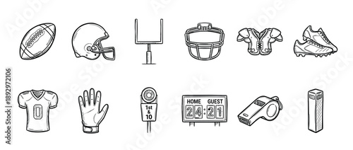 Hand-drawn American football icons set including a helmet, ball, jersey, scoreboard, and other equipment in a black and white sketch style illustration collection