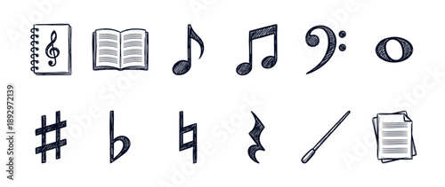 Collection of hand-drawn musical notes, clefs, and notation symbols in a sketch style, including a treble clef, bass clef, sharp, flat, and a conductor's baton