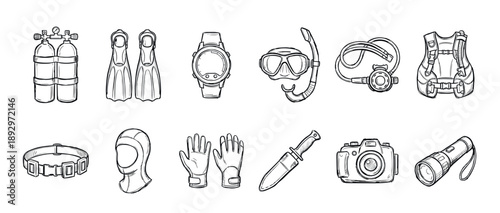 Scuba diving equipment and accessories set hand-drawn in a black and white line art style, including a mask, fins, tank, camera, and other gear for underwater adventure