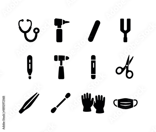Doctor's Tools Icons. Doctor?s tools. Solid icon set of doctor?s tools: stethoscope, otoscope, tongue depressor, tuning fork, thermometer, reflex hammer,