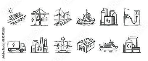 Set of hand-drawn doodle icons showing renewable energy sources, sustainable industry, and green logistics including solar panels, wind turbines, electric vehicles, and hydrogen power