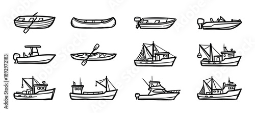 Collection of hand-drawn boat icons featuring various watercraft like fishing trawlers, kayaks, canoes, and speedboats in a simple black and white sketch illustration style