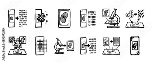 Hand-drawn black and white icon set illustrating the process of digitizing biological samples from a microscope slide into binary code and pixel data for scientific analysis and research