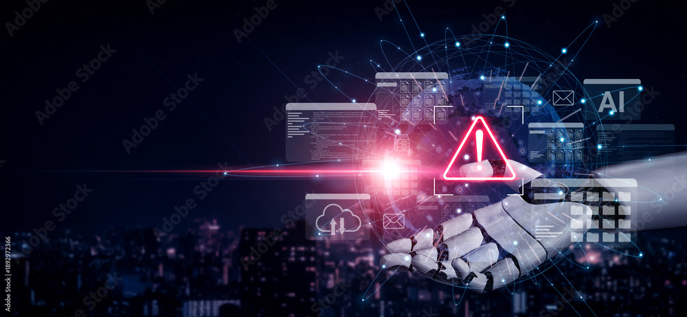 Obraz premium A futuristic robotic hand interacts with digital warning alerts, emphasizing cybersecurity threats and technology challenges in a modern urban landscape. Gantry