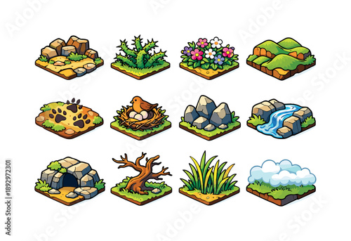 Colorful Valley Icons. Wild Valley. Colorful isometric vector icons set of Wild Valley: rugged terrain, thorn bushes, wildflowers bloom, uneven hills, animal