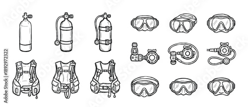 Scuba diving equipment set with various items like oxygen tanks, masks, regulators, and buoyancy control devices in a hand-drawn black and white line art doodle illustration style