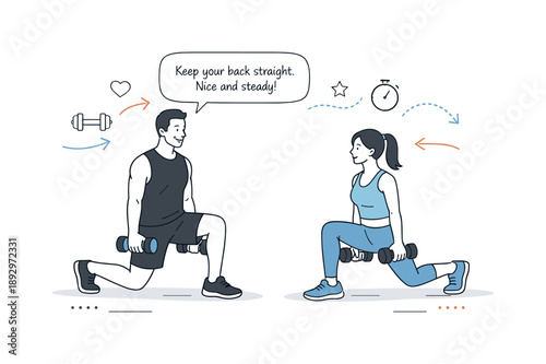 Lunges with Dumbbells. Exercise instruction. A fitness coach demonstrating lunges with dumbbells while a trainee follows along, subtle abstract movement icons