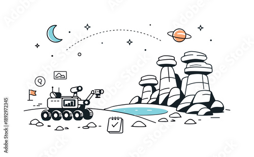 Rover Exploring Alien Terrain. Planetary science mission. A space rover pauses near unusual rock formations, analyzing terrain on a remote moon. Quiet focus,