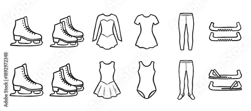 Set of figure skating equipment icons including skates, dresses, leotards, pants, and blade guards drawn in a simple black and white line art doodle style for winter sports