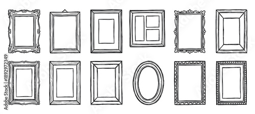 Hand drawn picture frames in various styles and shapes, including ornate, simple, rectangular, and oval designs, presented as a black and white doodle illustration collection