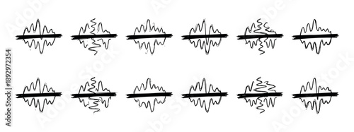 Hand drawn black ink sound wave icon set with a strikethrough line, a collection of sketchy audio waveform doodles representing censorship, silence, or muted sound