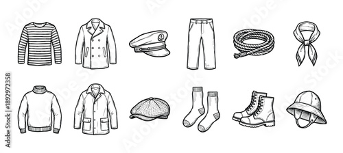 Hand-drawn set of nautical themed clothing and accessories with a peacoat, captain's hat, and striped shirt in a vintage black and white line art sketch illustration style