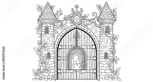 Enchanting castle gate with ancient runes and overgrown vines, inviting entry