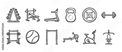 Hand-drawn gym and fitness equipment icons set featuring various workout items like a treadmill, dumbbell, kettlebell, and barbell in a simple black and white sketch illustration style