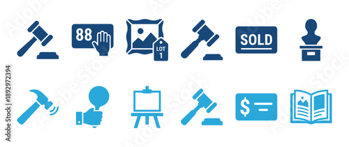 Set of blue auction and bidding icons showing a gavel, paddle, art, and sold sign for business and commerce concepts in a flat, minimalist vector style illustration