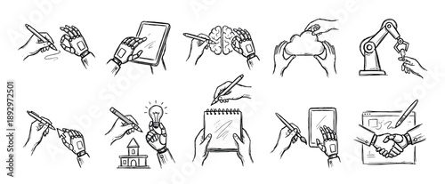 Collection of hand-drawn sketch icons showing human and robot collaboration, illustrating concepts of artificial intelligence, creativity, and future technology