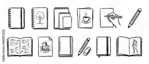 Hand-drawn sketch icons of notebooks, pencils, and sketchbooks for creative projects, journaling, or education, presented in a simple black and white doodle art style