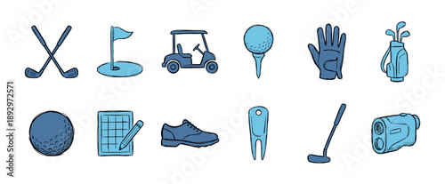 Hand-drawn blue golf equipment icon set featuring a club, ball, cart, tee, glove, bag, shoe, and putter in a simple sketch illustration style for sports or recreation concepts