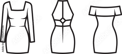 Assortment of women's dress designs and fashion garment illustrations on transparent background