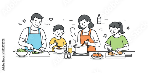 Family Cooking Together. Family cooking. Family members preparing a meal together in the kitchen, calm cooperation and warm everyday atmosphere. Minimalist