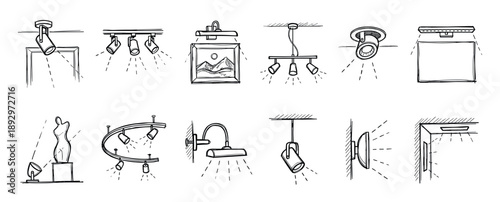 Hand-drawn sketch collection of various spotlight fixtures for interior design, showing different types of ceiling, track, and wall-mounted lamps for accent illumination in a doodle style