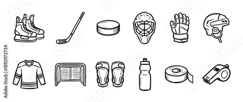 Hand-drawn ice hockey equipment and accessories set featuring a helmet, stick, puck, skates, jersey, and goal net in a simple black line art doodle illustration