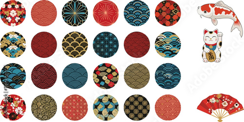 Japanese circular patterns with koi fish and maneki neko traditional