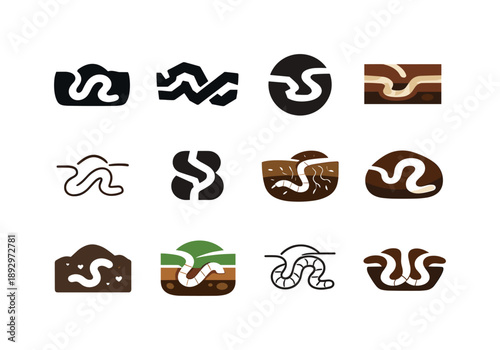 Worm Logos Collection. Worms. Icon set. Set Logo of worms: worm burrow trail. harmonious logo variations of the same emblematic concept, each with different