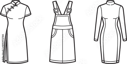 Collection of female clothing vectors featuring traditional qipao overall dress and maxi