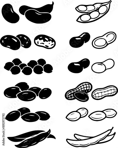 Various types of beans and peanuts icon set.
