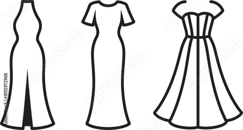 Elegant gown and formal dress outlines for high fashion design and apparel manufacturing