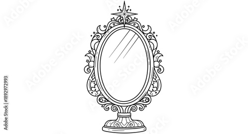 Ornate oval mirror with celestial decorations and a star on top