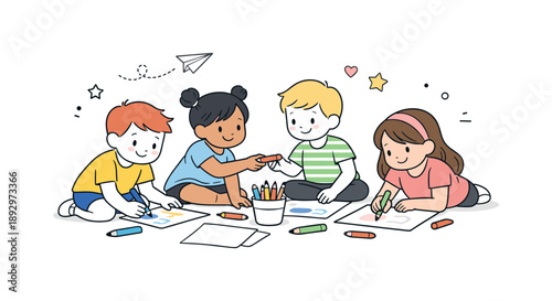 Kids Creative Collaboration. Kids drawing together. Small group of kids sharing pencils and coloring side by side, relaxed and cooperative mood. Friendship,