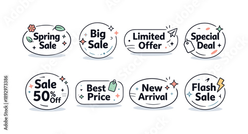 Seasonal Sale Badges. Seasonal sale and promo badge designs. A clean set of rounded sale badges with short labels like ?Spring Sale? and ?Limited Offer?