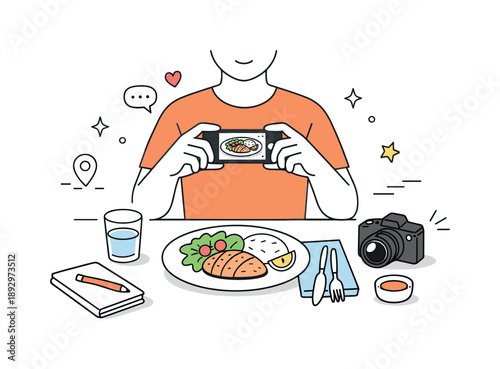 Food Photography Moment. Food blogging lifestyle. A person photographing a plated meal with a smartphone on a clean table, capturing a calm moment of content
