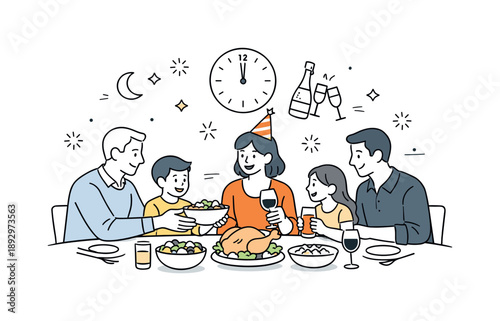 Family New Year's Eve. New Year?s Eve dinner family moment. Adults and children sharing food and listening to each other. Feeling of togetherness and