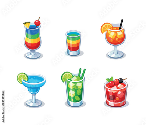 Colorful Cocktail Icons. Colorful drinks. Isometric flat vector icons set of colorful drinks: layered cocktail glass, rainbow shot, orange spritz, blue