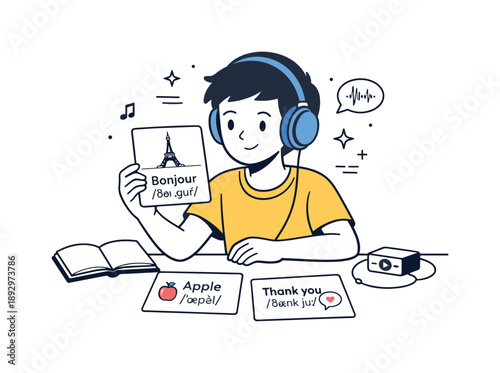 Language Learning Focus. Language cards with pronunciation. A learner listens through headphones while looking at flashcards with phonetic hints. The mood is