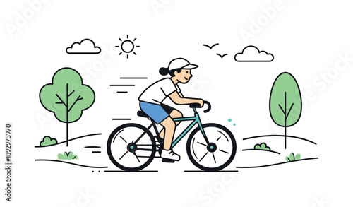 Spring Cycling Adventure. Active spring lifestyle. A person riding a bicycle along a simple path with trees and light clouds, expressing movement and freedom.