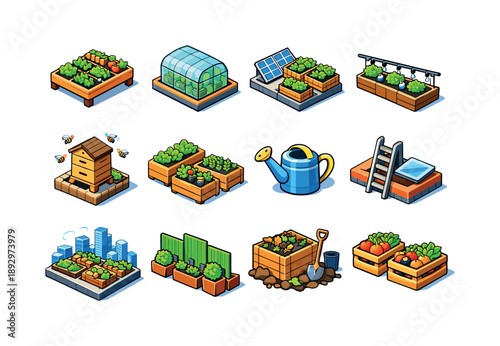 Rooftop Farming Icons. Rooftop farming. Colorful isometric vector icons set of Rooftop farming: rooftop vegetable beds, greenhouse on roof, solar panels and