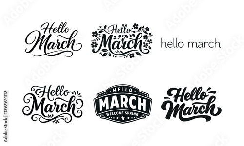 Diverse March Lettering. March seasonal transition. Set lettering. harmonious lettering variations of the same emblematic concept, each with different artistic