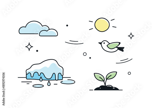 End-of-Winter Abstraction. End of winter mood. Simple abstract elements floating with more space and light, reflecting longer days and softening cold. Calm,