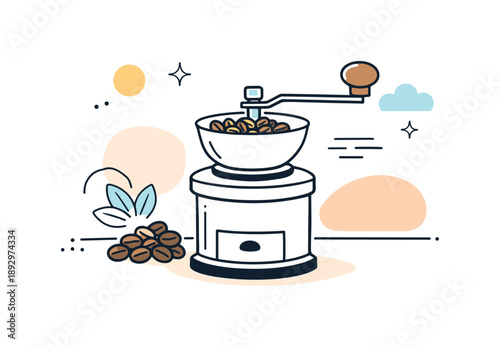 Morning Coffee Ritual. Manual coffee grinder. A hand-operated coffee grinder placed on a table, simple handle and beans nearby, calm morning ritual mood. Quiet