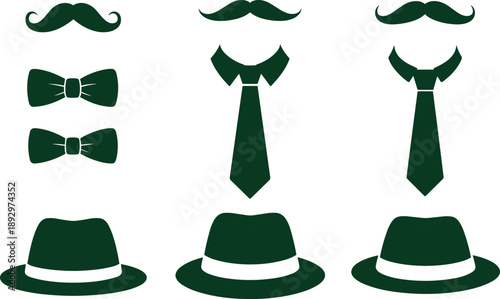 Gentleman fashion icon set illustration featuring mustache, bow tie, necktie and hat elements, minimal vintage style symbols for men clothing and retro design concepts