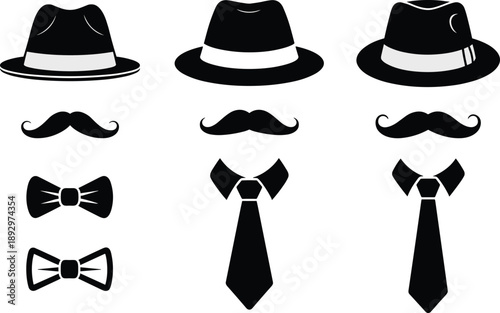 Grid of stylized gentleman fashion icons featuring fedora hats, mustaches, bow ties, and neckties for classic male accessory design.
