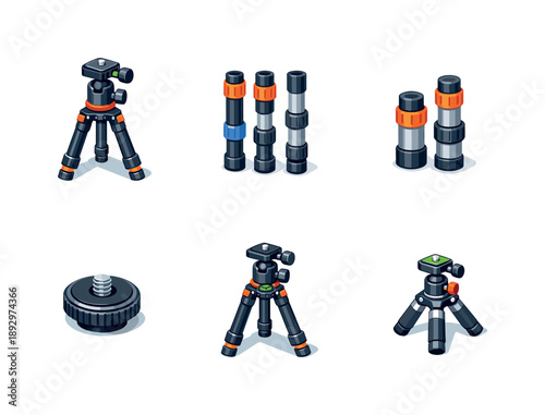 Isometric Photo Equipment Icons. Photo Equipment. Isometric flat vector icons set of Photo Equipment: tripod with ball head, adjustable tripod legs, tripod